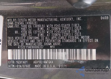 2009 Toyota Venza z USA, uszkodzony, nr VIN 4T3ZE11AX9U006337